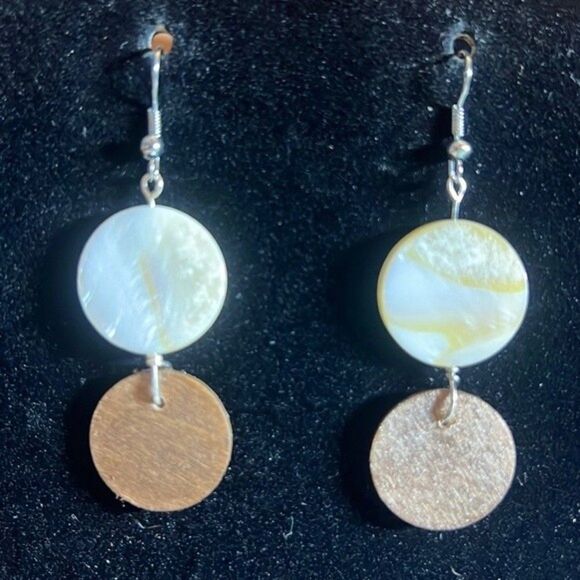 Handcrafted Silver Tone Dangle Earrings | Stone & Wood Disks - Picture 1 of 4